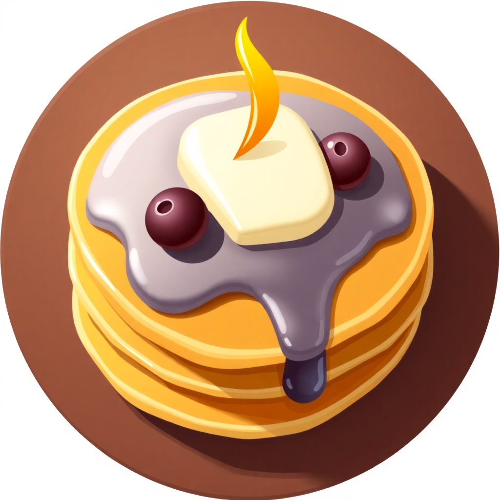 The image is a digital illustration of a stack of pancakes on a brown plate. The pancakes are golden brown and appear to be freshly made. On top of the pancakes, there is a small piece of butter with a yellow flame on top. The butter is drizzled with a dark purple sauce and there are two cherries on either side of the butter. The plate is round and has a smooth surface. The overall color scheme of the image is warm and inviting.