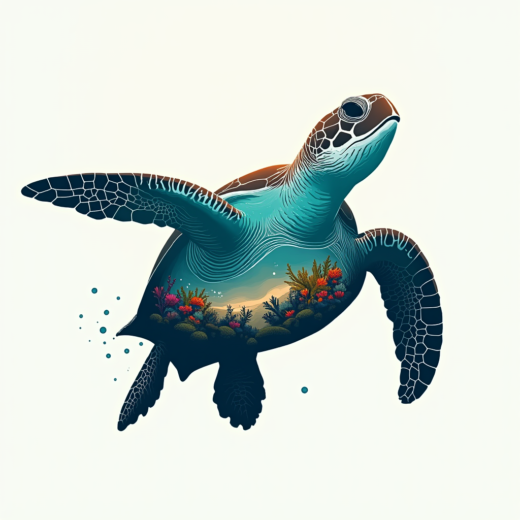 Sub-Design Idea 5: 'One Horizon' - The silhouette of an iconic endangered animal (e.g., a sea turtle) where its lower portion merges seamlessly into a stylized representation of its environment (ocean currents, coral reef, or sandy shore), emphasizing unity with and dependence on nature.