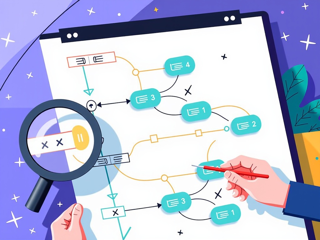 A magnifying glass closely examining a simplified, abstract flowchart or lines of code representing an algorithm, revealing checkmarks and crosses or pathway highlights within.