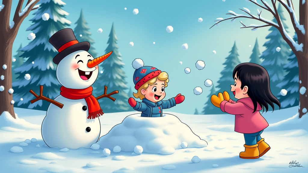 The image shows two children playing with a snowman in the snow. The snowman is surrounded by trees covered in a blanket of snow, and the sky is visible in the background. The children are smiling and appear to be having a great time.