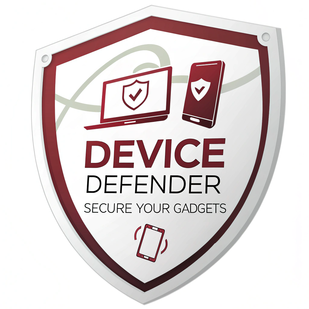 Sticker Design 1 (Shield & Gadgets): A sticker featuring a prominent, modern shield. Behind or integrated with the shield are stylized icons of a smartphone, laptop, and tablet. The text 'Device Defender' is bold, with 'Secure Your Gadgets' as a supportive tagline.