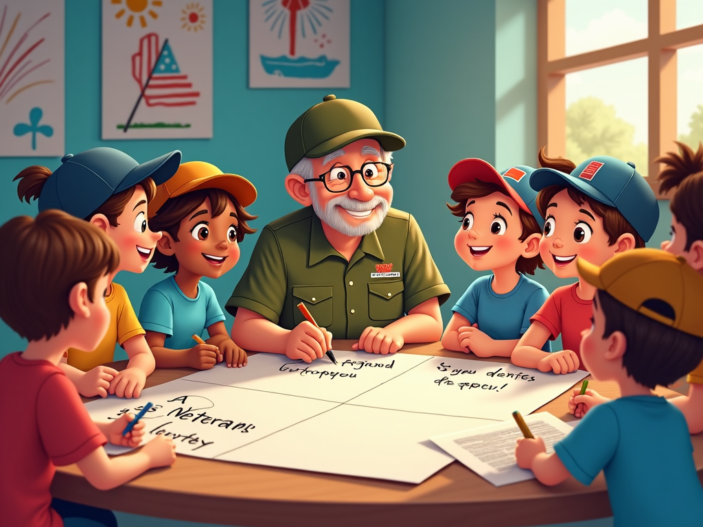 An inspiring cartoon where children write messages on a huge card for a veterans' reception. A veteran fondly observes while helping with spelling and adding personal touches. The walls around are filled with colorful posters drawn by children, depicting flags, fireworks, and scenes of thanks.