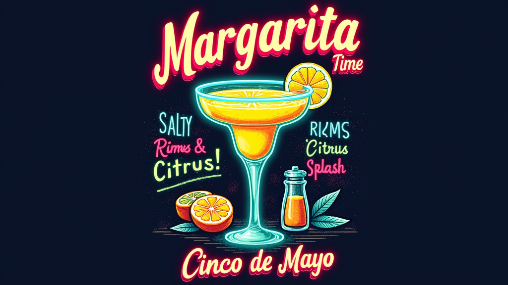 A 'Retro Margarita Lounge' style T-shirt inspired by vintage travel posters or old-school neon bar signs. This design would feature a classic-shaped margarita glass, perhaps with a neon glow effect, stylized citrus slices, and a salt shaker. The text 'MARGARITA TIME' in a retro script or block font, complemented by 'Salty Rims & Citrus Splash' and 'Cinco de Mayo'.