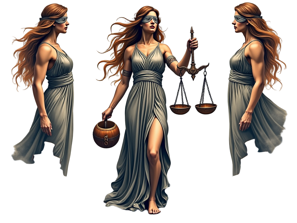 In a vibrant sleeve tattoo, Lady Justice anchors the design, with scenes of courtrooms and gavels extending across the arm.