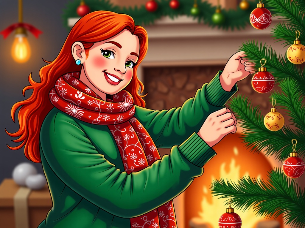  a young woman with long red hair, wearing a green sweater and a red scarf with white snowflakes. She is standing in front of a fireplace with a Christmas tree in the background. The woman is holding a bunch of red and gold ornaments in her hands and is smiling as she decorates the tree. There are several more Christmas baubles hanging from the tree and a few gift boxes scattered around the room. The overall mood of the image is cheerful and festive.