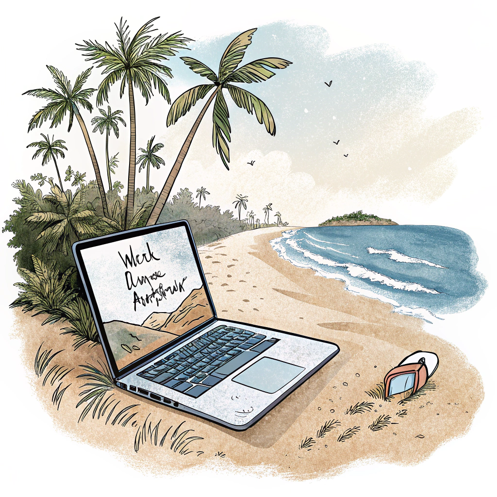 A laptop on a beach, signifying work from anywhere.