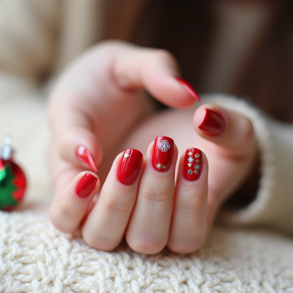  a close-up of a person's hand with their fingers slightly spread apart. The nails are painted with a bright red polish and have a festive design on them. The design features small white snowflakes and stars on each nail. The background is blurred, but it appears to be a white knitted surface with a small Christmas ornament on the left side. The person is wearing a white sweater, suggesting that the image was taken during the holiday season.