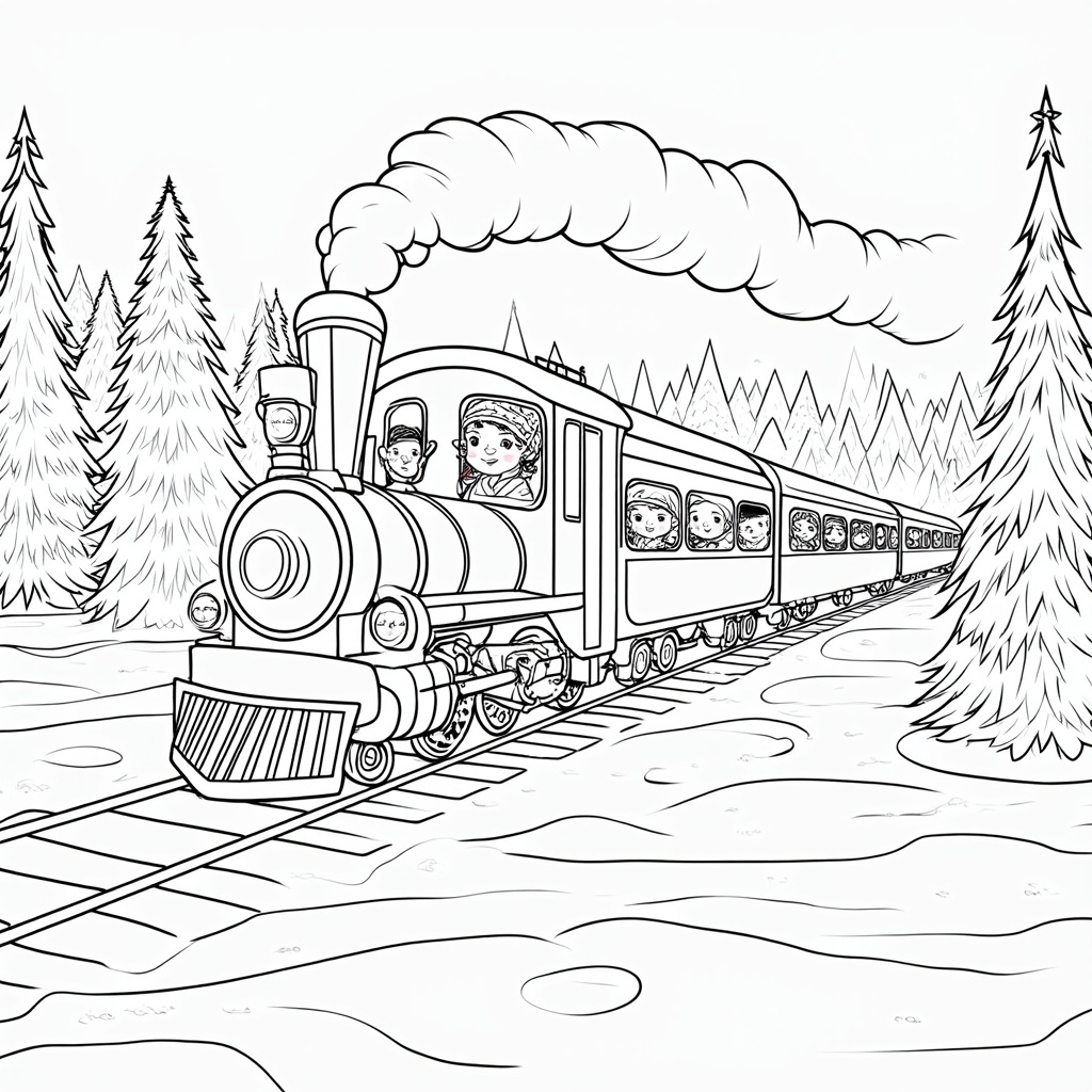 The image shows a sketch of a train on a railway track with a few people inside, surrounded by trees in the background. At the bottom right corner of the image, there is some text that reads 