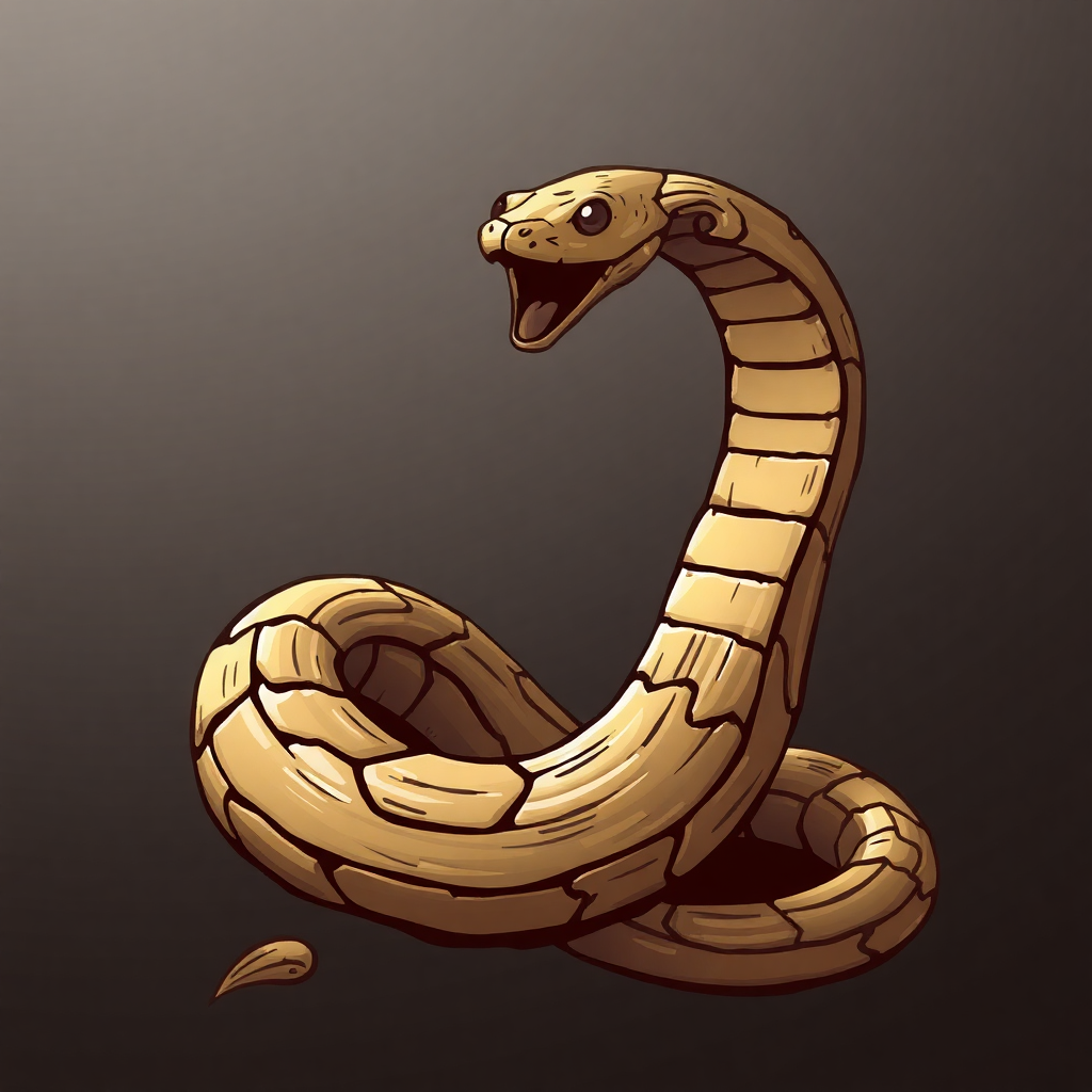 The image is a digital illustration of a snake. The snake is coiled up and its body is facing towards the right side of the image. Its head is turned to the side and its mouth is open, revealing sharp teeth. The body of the snake is a light brown color with darker brown stripes running along its length. The background is a dark grey color, making the snake stand out. The illustration is detailed and realistic, with shading and highlights to give it a lifelike appearance.