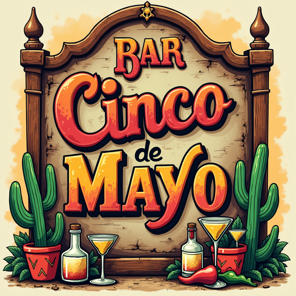 Classic Cantina Signage Style: Design like a weathered, hand-painted sign from an old Mexican cantina. Use ornate vintage lettering for 'Bar Cinco de Mayo' or 'Fiesta Hoy!', with retro illustrations of cacti, chili peppers, tequila bottles, or margaritas.