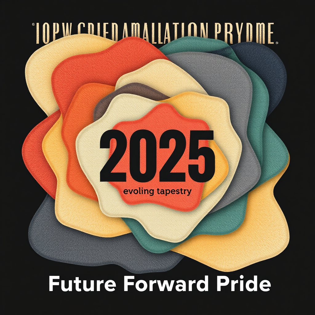 Evolving Tapestry: Layered, organic, or geometric shapes suggest growth, transformation, and interconnectedness. '2025' is woven into this dynamic tapestry, with 'Future Forward Pride' represented by an evolving, modern aesthetic.