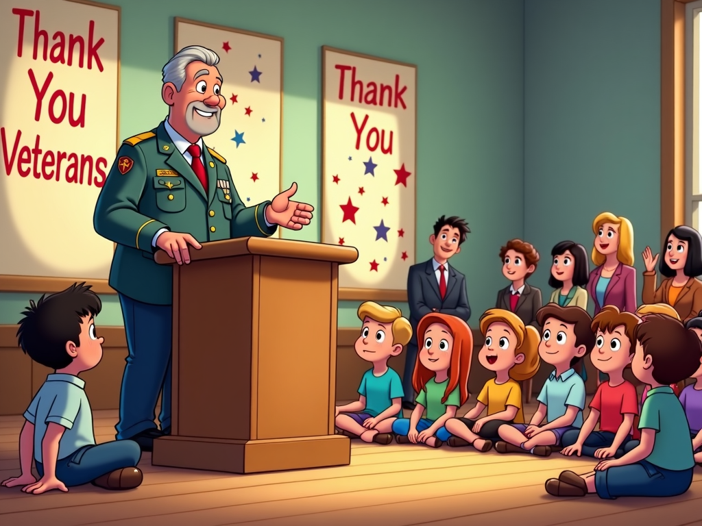 A colorful illustration of a school assembly where a veteran stands at the podium, sharing experiences. Children, seated cross-legged, listen with wide eyes. Teachers lined against the walls nod approvingly. Behind, large posters with 'Thank You Veterans' are displayed, with drawings of stars and stripes adorning the walls.