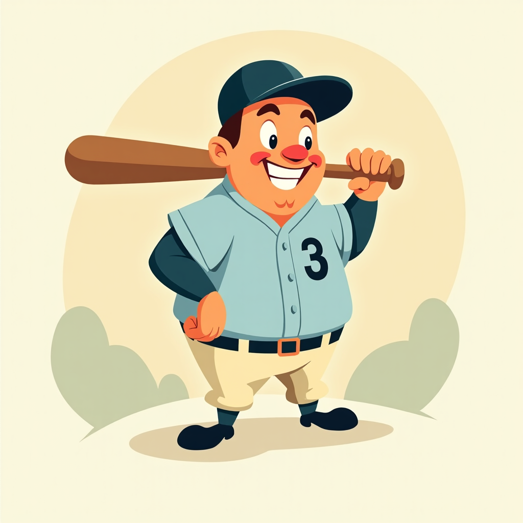 Mid-Century UPA Style Babe: Create a series where Babe Ruth is drawn in the minimalist, stylized, and modern design aesthetic of UPA (United Productions of America) cartoons from the 1950s (e.g., 'Mr. Magoo', 'Gerald McBoing-Boing'). This would feature flat colors, abstract shapes, and a sophisticated yet whimsical take on his legend.