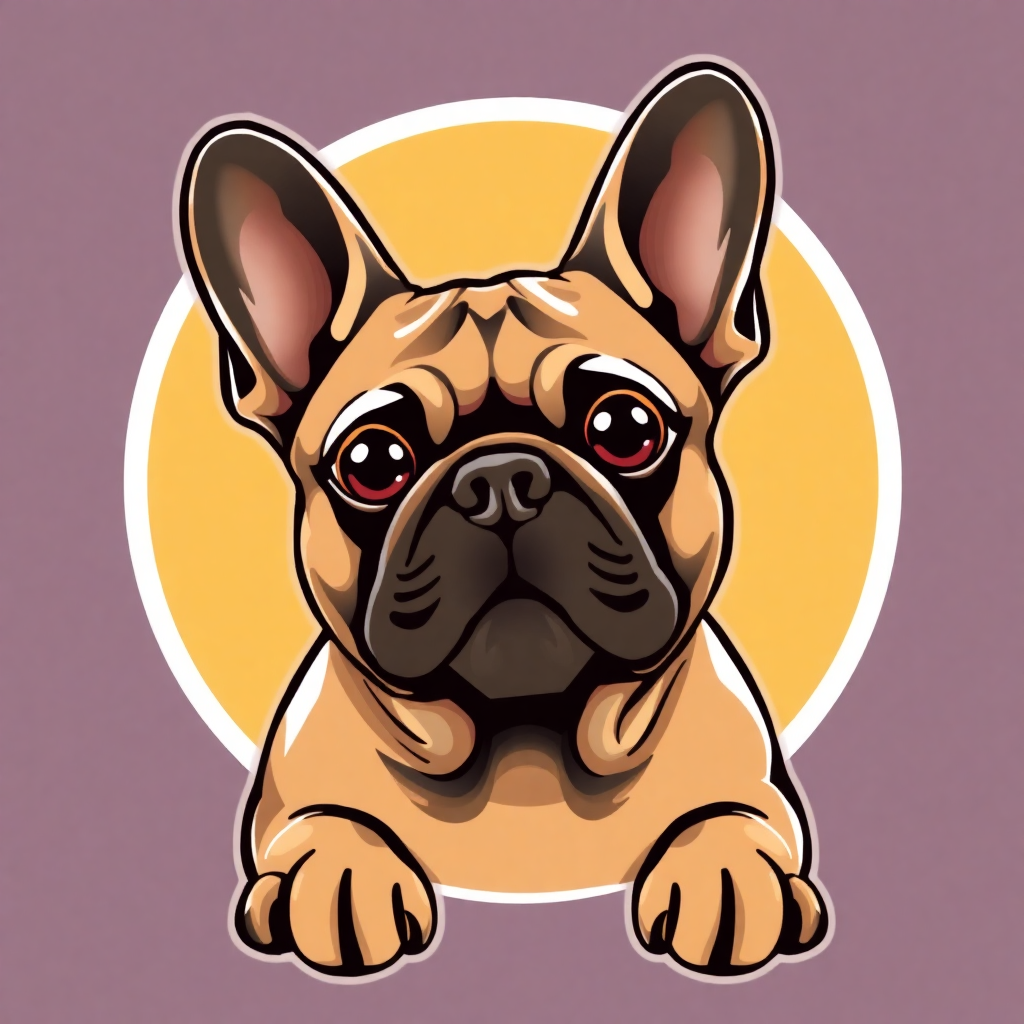 The image is a digital illustration of a French Bulldog. The dog is sitting in front of a yellow circle, which is the focal point of the image. The background is a light purple color, and the dog's fur is a golden brown color. It has a round face with big, round eyes and a small nose. Its ears are large and pointed, and its mouth is slightly open, as if it is looking directly at the viewer. Its paws are stretched out in front, and it appears to be resting its head on its front paws. The overall style of the illustration is cartoon-like and playful.