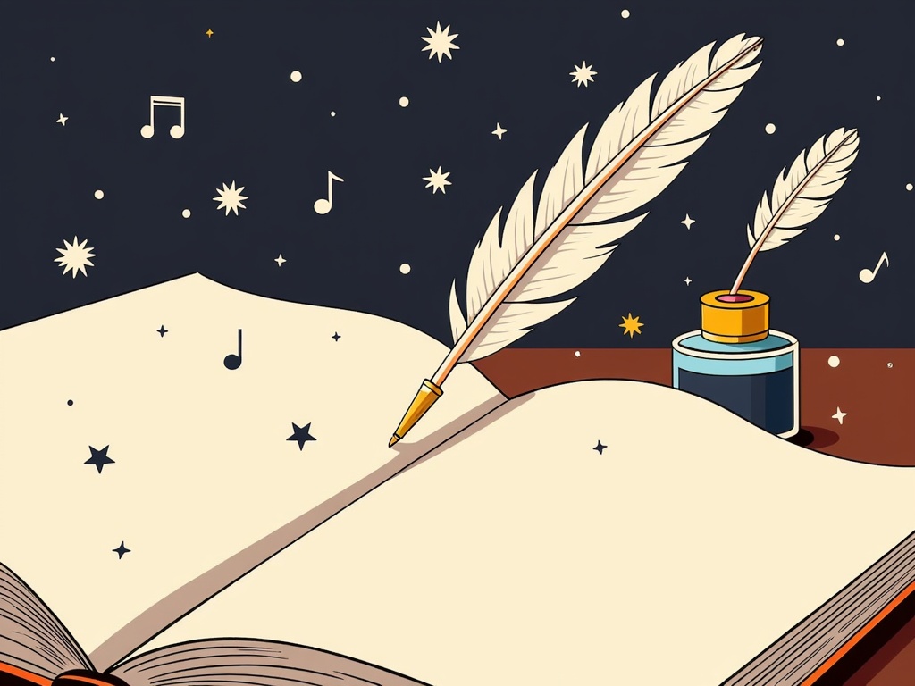 A close-up perspective focusing on the nib of the quill touching the paper of the open book, with the inkwell slightly out of focus in the background. Tiny, symbolic elements like stars or musical notes could subtly emanate from the point of contact.
