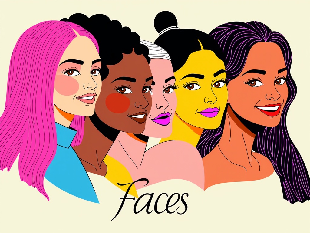 Kaleidoscope of NYFW Faces: A series focusing on the diverse array of models. Each portrait could use a distinct color palette or illustrative technique to celebrate unique features, backgrounds, and personalities, visually representing the 'Faces' theme.