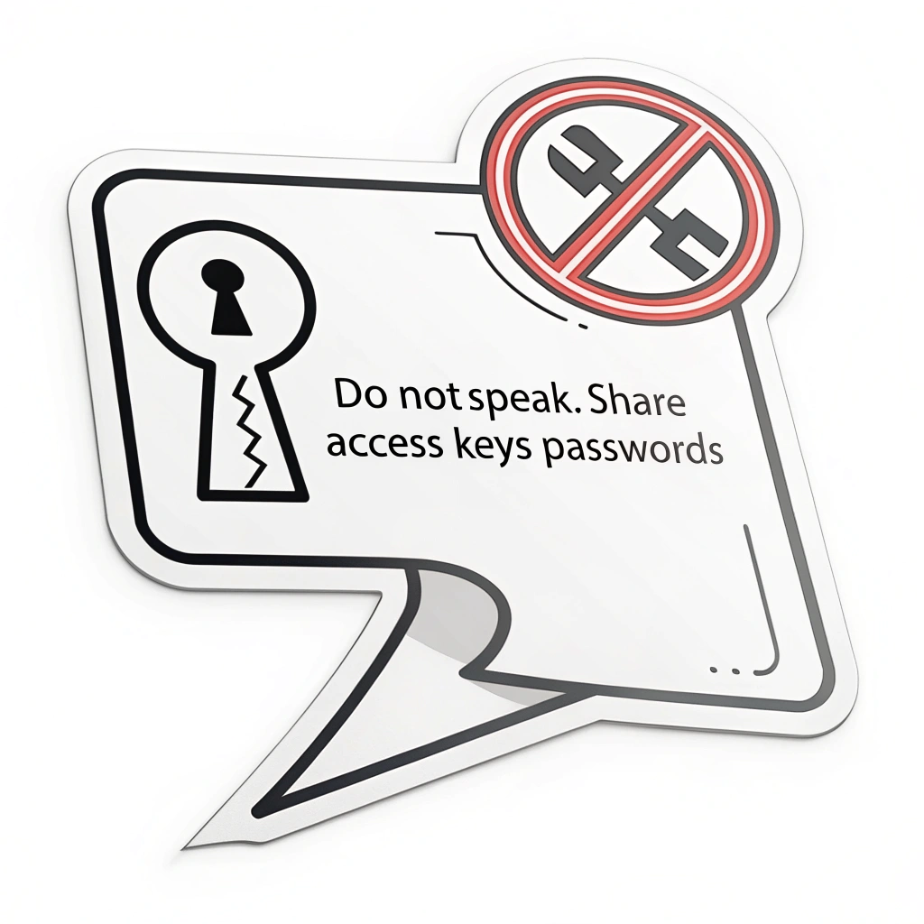 Simple Icon Idea for Stickers: A minimalist icon combining a keyhole symbol with a crossed-out speech bubble merged into its design, visually meaning 'do not speak/share access keys/passwords'.