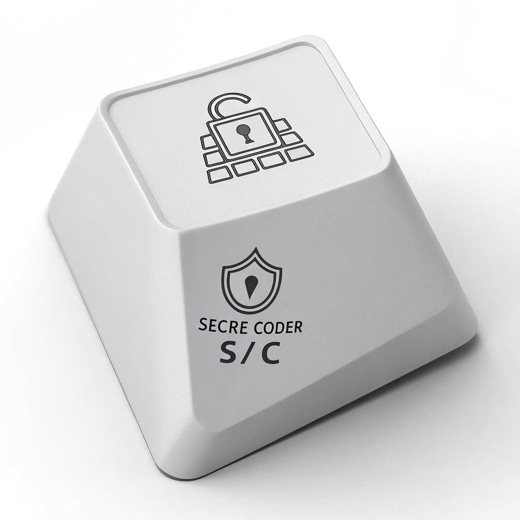 A sticker shaped like an oversized, stylized keyboard key (e.g., the 'Esc' or a custom key). On the keycap, feature a minimalist icon representing security – perhaps a small, pixelated shield, a closed loop, or a stylized keyhole emblem. Text 'Secure Coder' or 'S//C' could be on the side of the key or below.