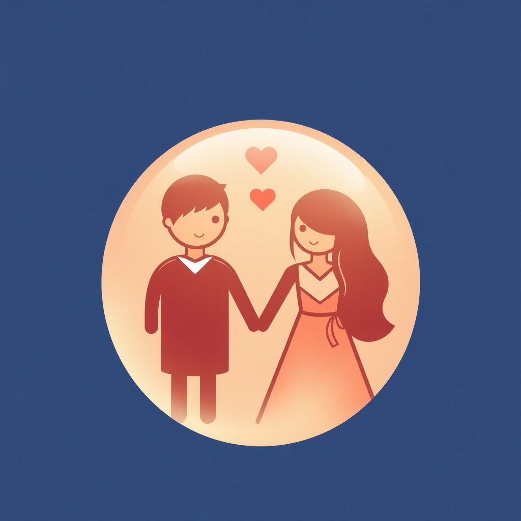 The image shows a cartoon of a man and woman holding hands in front of a blue background, with heart symbols surrounding them.