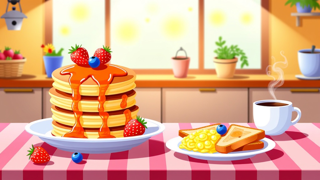  a breakfast scene in a kitchen. On the left side of the image, there is a stack of pancakes on a white plate with a drizzle of orange syrup on top. The pancakes are topped with fresh strawberries and blueberries. Next to the plate, there are two slices of toast with a bite taken out of it and a cup of coffee with steam rising from it. The table is covered with a red and white checkered tablecloth. In the background, we can see a window with yellow curtains and potted plants on the windowsill. There is also a basket of strawberries and a birdhouse on the countertop.