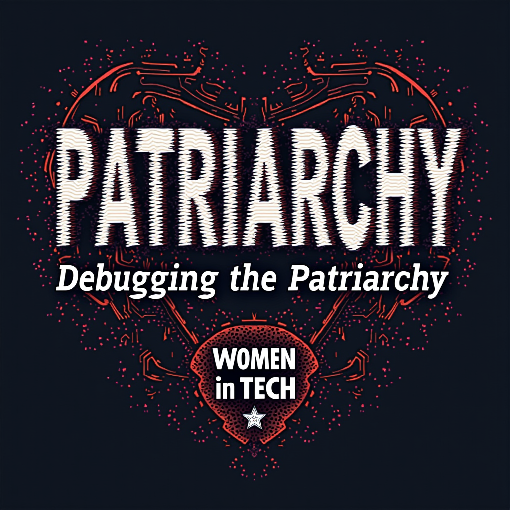 Glitch Art & Empowerment Theme: A T-shirt design where the word 'PATRIARCHY' is rendered with a prominent glitch art effect, symbolizing its disruption and breakdown. Below or intertwined, 'Debugging the Patriarchy' appears in a clear, strong font, with 'Women in Tech' presented as an emblem or empowering statement.