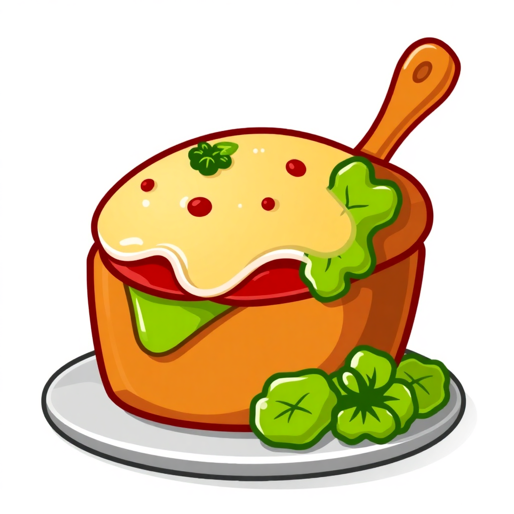 The image shows a plate with a pot of food on it, filled with a variety of food items such as vegetables, fruits, and other items. The pot is sitting on a white background, giving the image an animated feel.