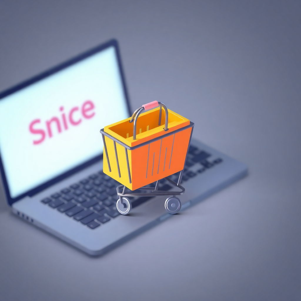  a laptop with the word Snice written on the screen in pink. Next to the laptop, there is an orange shopping cart with a pink handle. The shopping cart is placed on a gray surface. The image appears to represent the concept of online shopping.