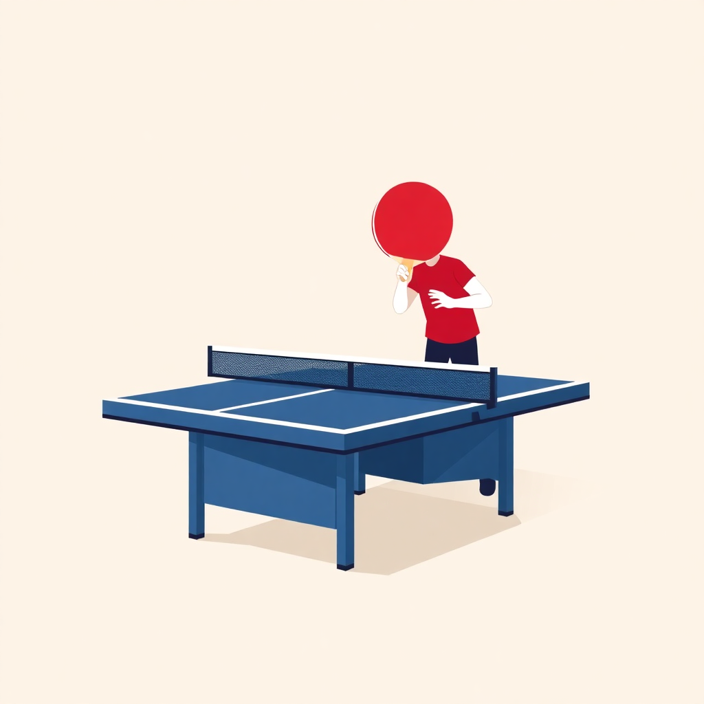  a blue ping pong table with a person standing on top of it. The person is wearing a red t-shirt and is holding a red ping-pong paddle in their right hand. They are facing towards the right side of the image and appear to be in the middle of a game. The table is rectangular in shape and has a net on top. The background is plain white. The image is an illustration in a flat, cartoon-like style.