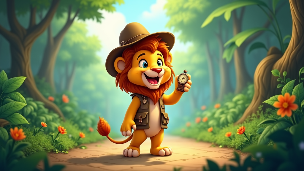 A lion character wearing an explorer vest with pockets, holding a compass, and looking ready for an adventure.