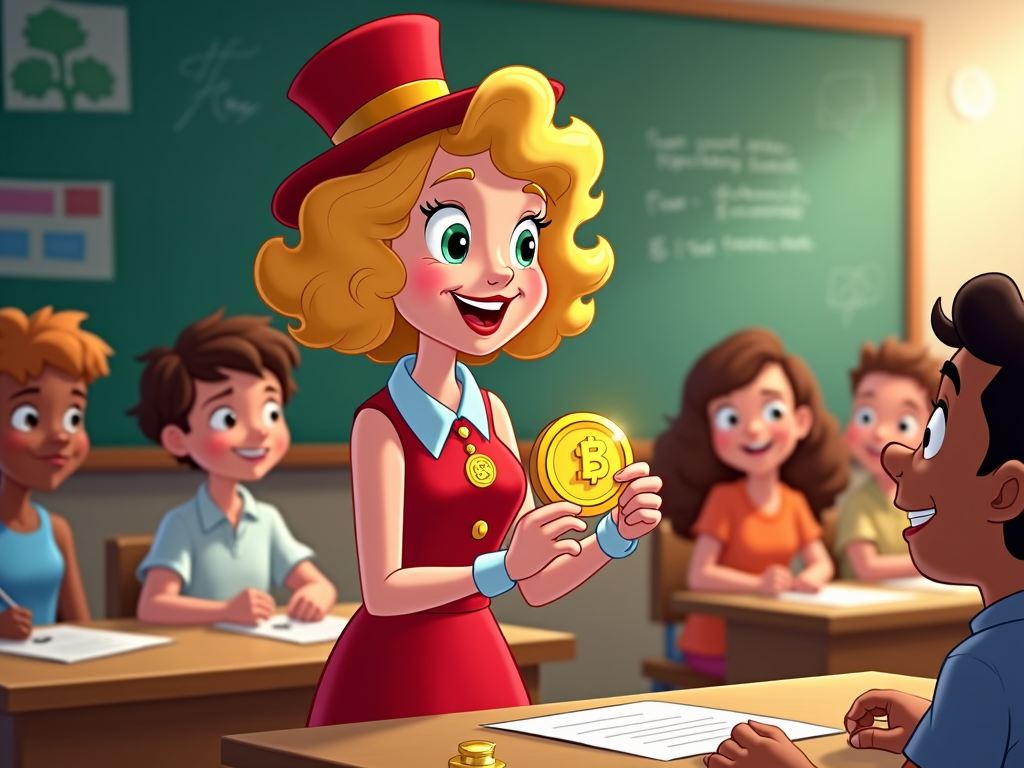 In a spirited classroom, a teacher holds a Monopoly medal competition featuring the 'Monopoly Girl' as the guest presenter. Her outfit resonates with budding entrepreneurs listening intently to the strategies shared, encapsulating the educational impact of playing Monopoly on young minds.