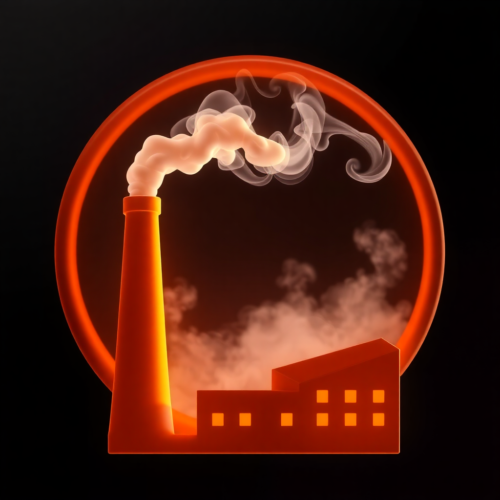 The image is a digital illustration of a factory chimney with smoke coming out of it. The chimney is orange in color and is in the shape of a circle. The smoke is white and billowing upwards, creating a hazy effect. In front of the chimney, there is a red building with multiple windows. The background is black, making the orange color of the smoke stand out. The overall mood of the image is dark and ominous.