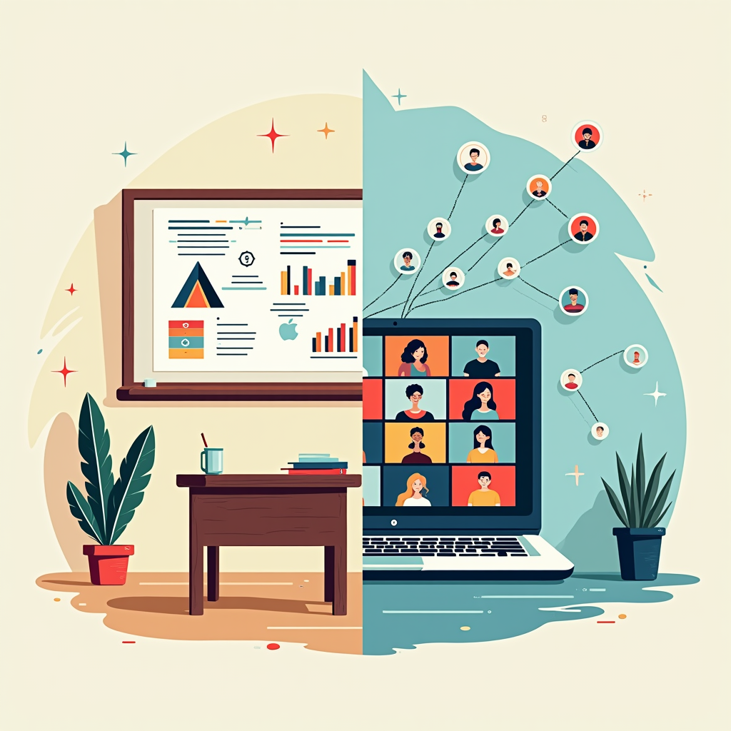 Visualize interconnectedness: Show a split design with half depicting a physical classroom (desk, whiteboard) and the other half a digital interface (laptop screen showing faces), linked by stylized digital 'sync' arrows and 'link' chains.