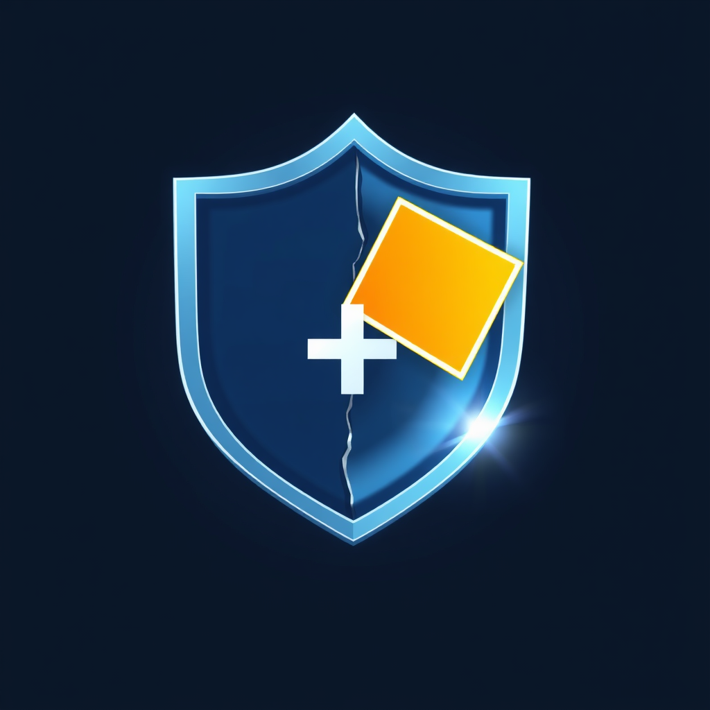 A shield emblem with a clearly visible crack being actively sealed by a bright, overlaying patch component (e.g., a distinct square or plus symbol).