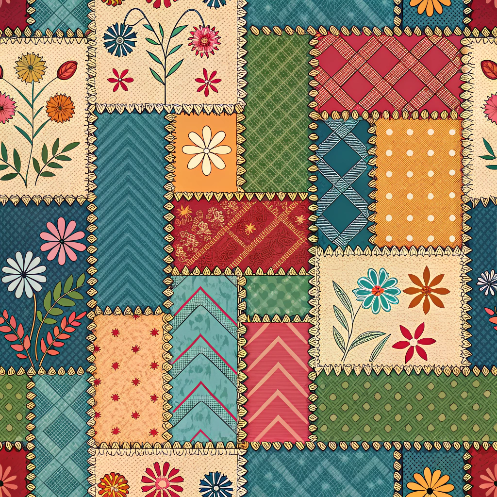 Upcycled Patchwork Tapestry: Patterns created from intentionally contrasting fabric scraps and patches, where each addition tells a story of reclamation, with prominent, decorative stitching (e.g., blanket stitch, cross-stitch) celebrating the assemblage.