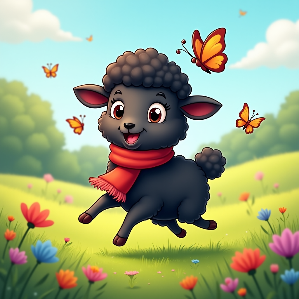 The image shows a black sheep wearing a red scarf running through a field of flowers with butterflies fluttering around it. In the background, there are trees and a clear blue sky.