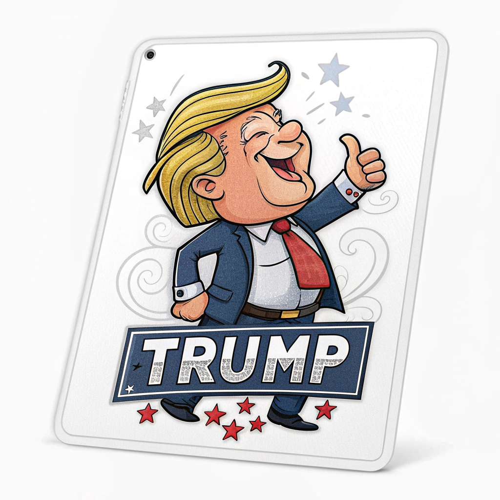 A sticker with a playful and humorous illustration of Trump accompanied by a quote that is often associated with him.