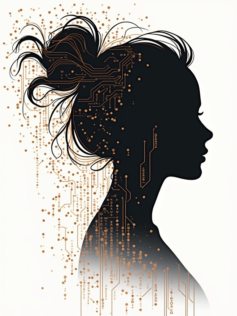 Circuitry Silhouette: Design a silhouette of a woman's profile or an abstract female form integrated with flowing circuit board lines. These lines could morph into coffee steam at one end and code symbols (e.g., `{}`, `0101`) at the other.