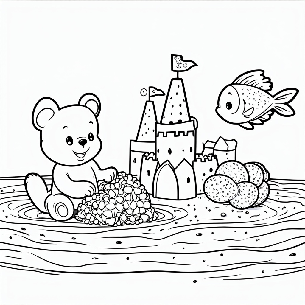 Baby gummy bears building a sandcastle made of sugar crystals on a candy beach, with gummy fish jumping out of a blue raspberry 'ocean'.