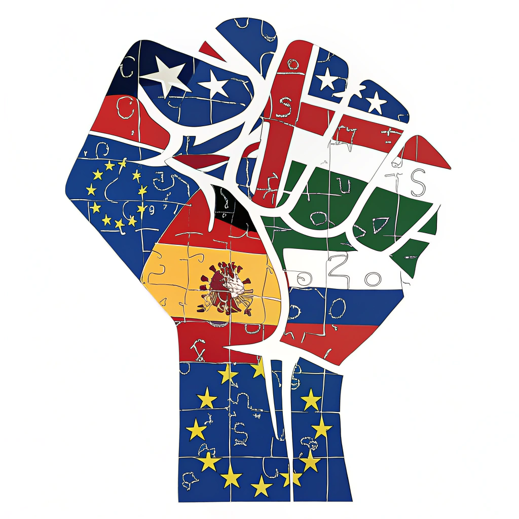 Design Idea 1: A stylized fist made up of interlocking puzzle pieces, each piece representing a different European country's flag.