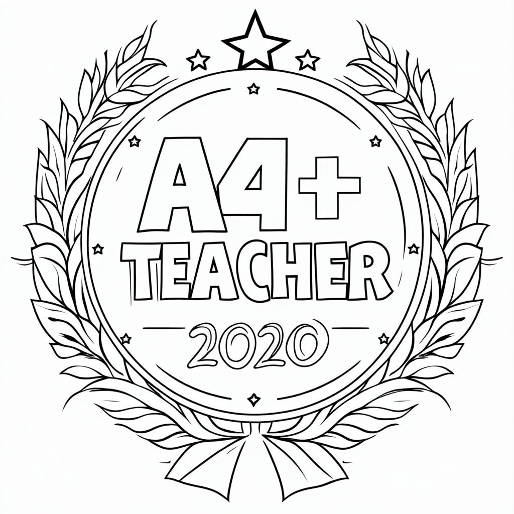 Create an 'Award of Excellence' themed page. The 'A+ Teacher' text is designed as if engraved on a trophy or a large medal. The award itself is heavily embellished with star motifs, and potentially features decorative elements like ribbons or laurel wreaths also adorned with stars.