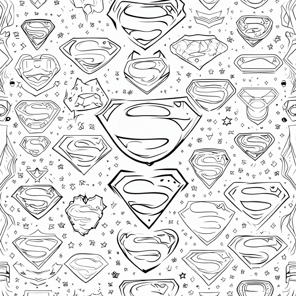 Design a coloring page featuring a superhero emblem collage, combining different emblem styles and sizes in a visually appealing arrangement.