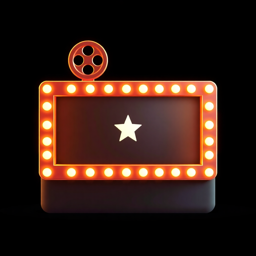 The image shows a movie theater sign with a star on it, illuminated by bright lights against a dark background.