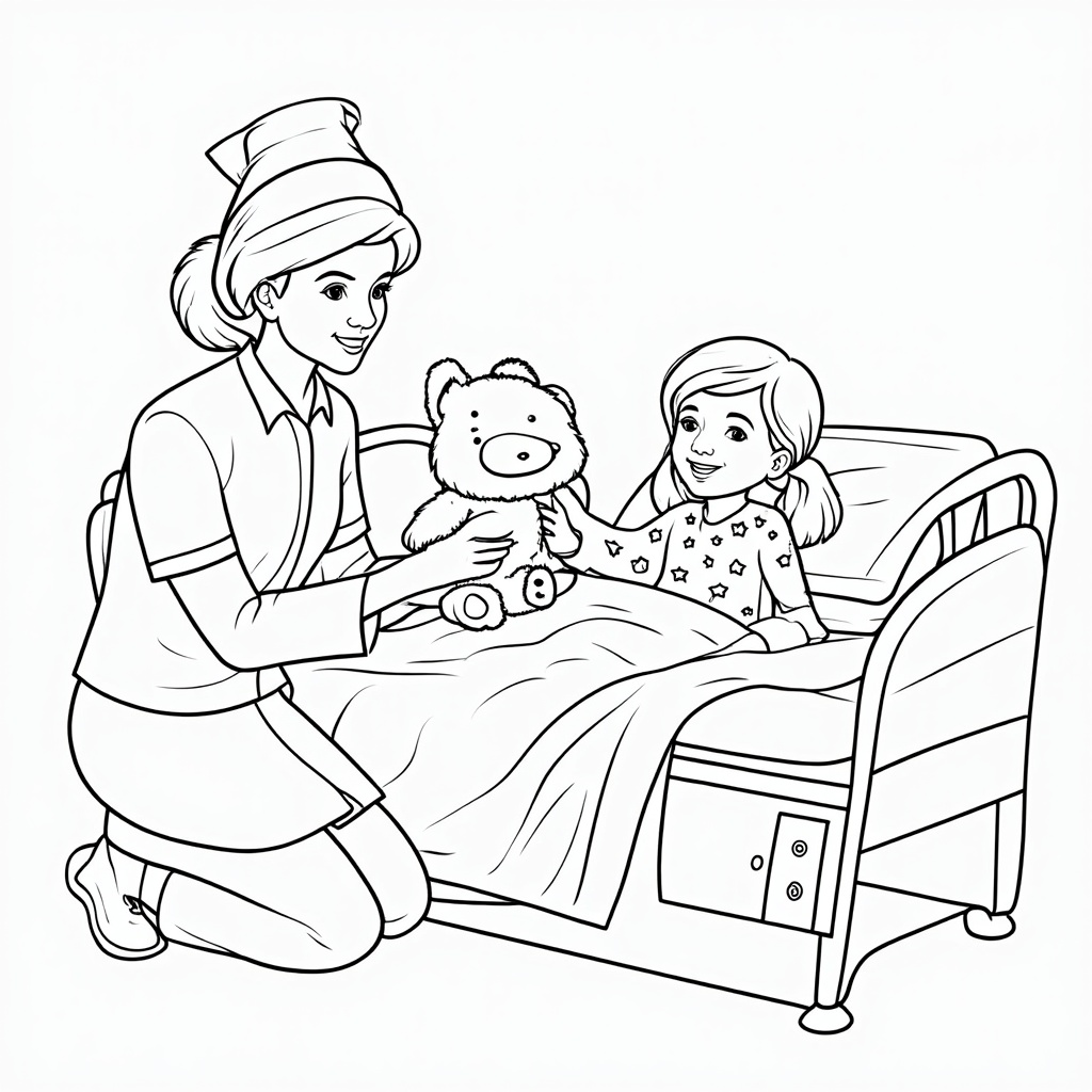 A nurse kneeling beside a child patient in a bed, offering a teddy bear or a warm smile. The child looks a bit more at ease. Add details like stars or simple patterns on the child's pajamas.