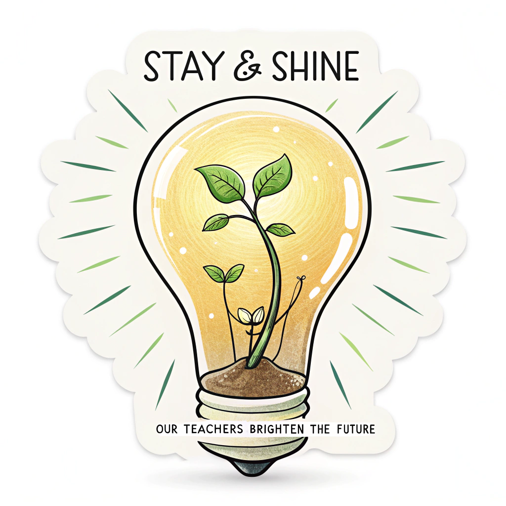 Lightbulb Bloom Sticker: An illuminated lightbulb with a small, green plant sprout growing from its center, symbolizing new ideas and growth. Slogan 'Stay & Shine' above, 'Our Teachers Brighten the Future' below.