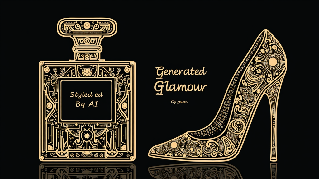 T-Shirt Design Idea 5 (Glam-Circuitry): Intricate circuit board patterns reimagined as elegant, decorative filigree or jewelry-like designs, perhaps forming the outline of a glamorous object (e.g., a perfume bottle, a high heel). 'Generated Glamour' in an art-deco font, 'Styled by AI' in a clean sans-serif.