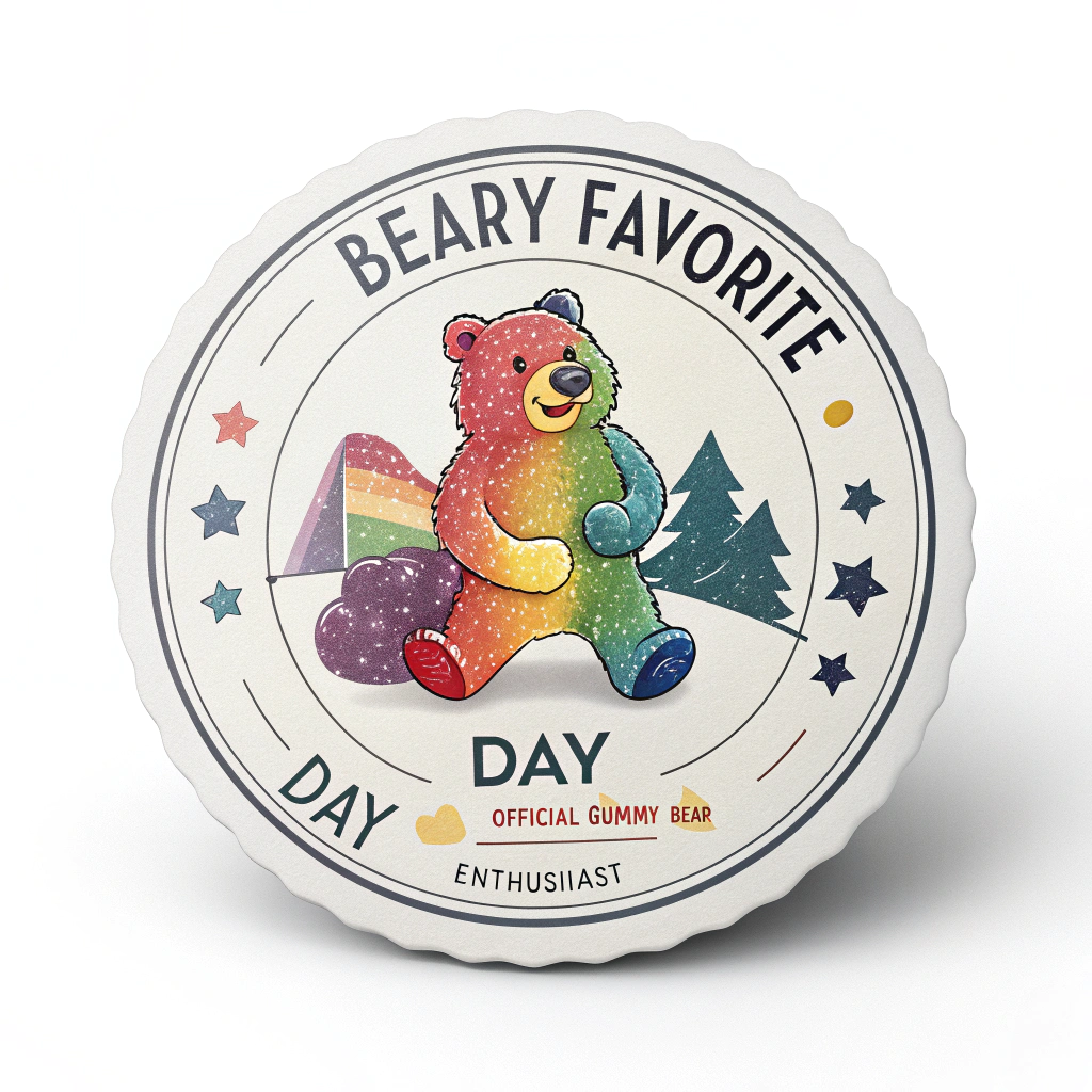 Sub-Design Idea 3: A badge-style circular sticker. The center features a detailed illustration of a gummy bear (perhaps a rainbow one). The outer ring of the badge reads 'My Beary Favorite Day' and 'Official Gummi Bear Day Enthusiast'.