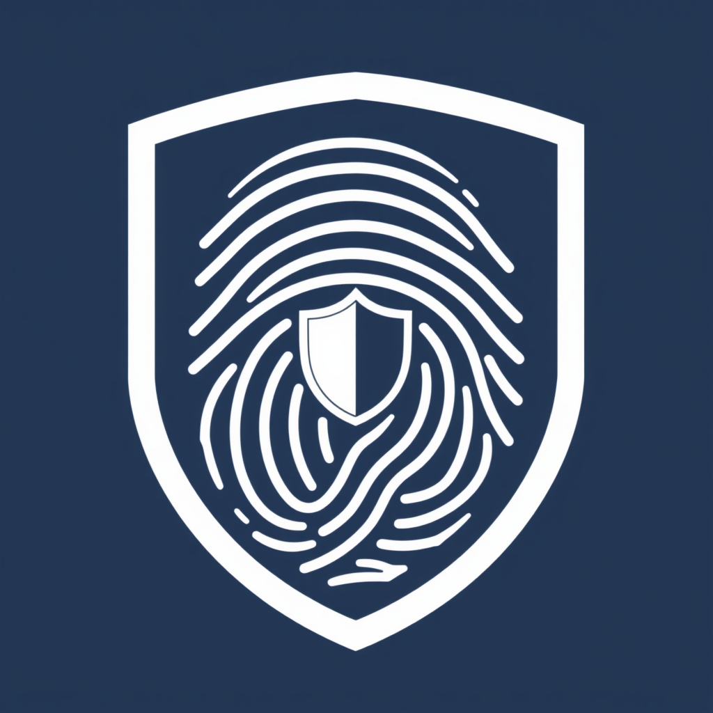 A stylized fingerprint icon with its ridges forming a subtle shield outline or integrating a small shield emblem, symbolizing protected biometric access.
