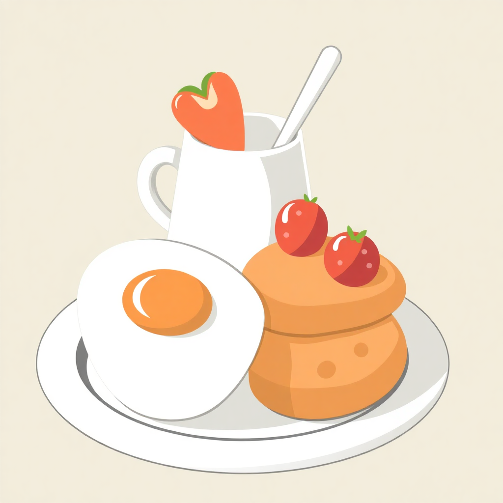 The image is an illustration of a breakfast meal. On the left side of the image, there is a white cup with a spoon in it. Next to the cup, there are two slices of orange cake with three strawberries on top. The cake is on a white plate with a white rim. On top of the cake, there appears to be a fried egg. The background is light beige color. The overall style of the illustration is flat and cartoon-like.