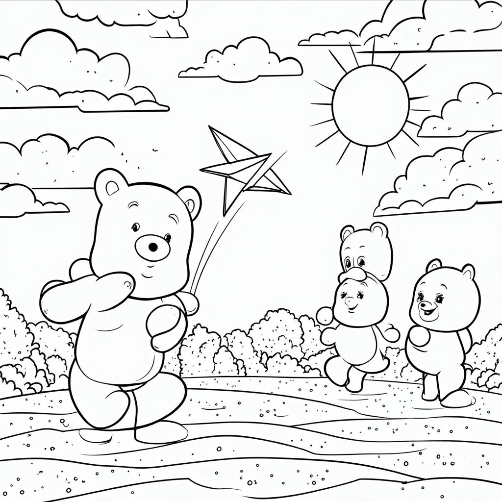 Baby gummy bears attempting to fly kites made of fruit leather in a sky with fluffy marshmallow clouds and a licorice sun.