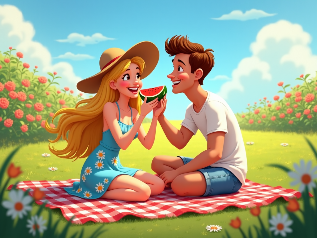 A cartoon couple enjoying a picnic in a meadow, with a red and white checkered blanket spread on the grass and a basket full of fruits and snacks.